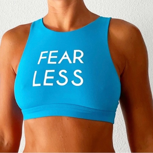 Aerie Sports Bra Small Blue “FEAR LESS” Strappy Back High Neck Activewear - Picture 2 of 6